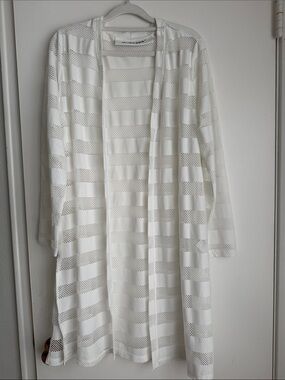 White Sheer Stripe Open-Front long Cardigan